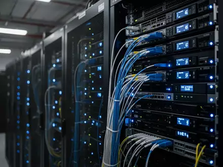 Serverraum mit dunklen Serverschränken und blinkenden blauen LED-Statusleuchten in einer modernen Büroumgebung. - Foto: über boerse-global.de