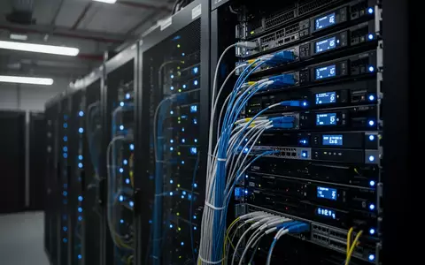 Serverraum mit dunklen Serverschränken und blinkenden blauen LED-Statusleuchten in einer modernen Büroumgebung. - Foto: über boerse-global.de