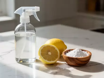 Eine Glas-Sprühflasche, eine aufgeschnittene Zitrone und eine Schale mit Natron auf einer sauberen Küchenarbeitsplatte. - Foto: über boerse-global.de