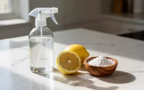 Eine Glas-Sprühflasche, eine aufgeschnittene Zitrone und eine Schale mit Natron auf einer sauberen Küchenarbeitsplatte. - Foto: über boerse-global.de