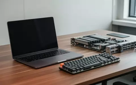 Ein Laptop mit dunklem, unbeschriebenem Bildschirm auf einem Schreibtisch neben Server-Hardwarekomponenten. - Foto: über boerse-global.de