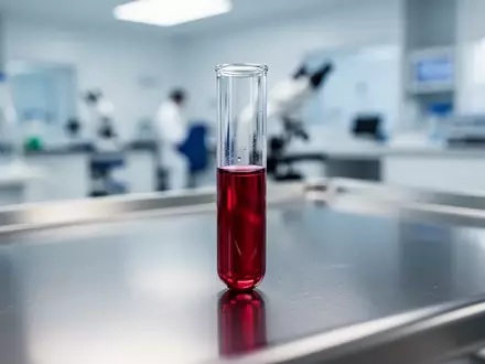 Ein medizinisches Reagenzglas mit roter Flüssigkeit in einem sterilen Laborumfeld. - Foto: über boerse-global.de