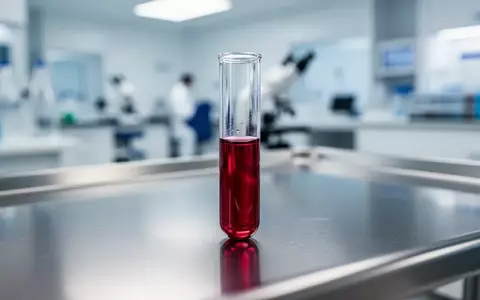Ein medizinisches Reagenzglas mit roter Flüssigkeit in einem sterilen Laborumfeld. - Foto: über boerse-global.de