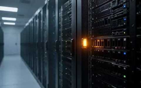 Dunkler Serverraum mit blinkender Statusleuchte an einem Rack als Symbol für IT-Sicherheit. - Foto: über boerse-global.de