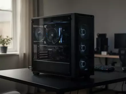 Ein ausgeschalteter Gaming-PC mit RGB-Beleuchtung auf einem dunklen Schreibtisch in einem Büro. - Foto: über boerse-global.de