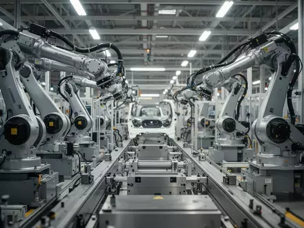 Moderne automatisierte Fertigungshalle in einem Automobilwerk mit präzisen Industrierobotern und technischer Infrastruktur. - Foto: über boerse-global.de