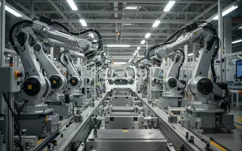 Moderne automatisierte Fertigungshalle in einem Automobilwerk mit präzisen Industrierobotern und technischer Infrastruktur. - Foto: über boerse-global.de