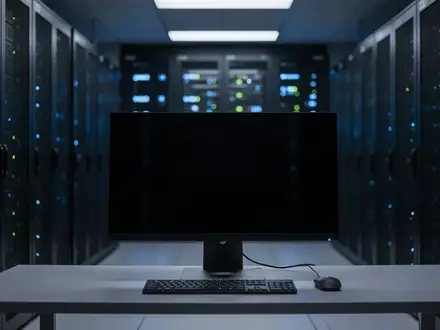 Ein dunkler Serverraum mit modernen Server-Racks und einem ausgeschalteten Computerbildschirm auf einem Schreibtisch. - Foto: über boerse-global.de