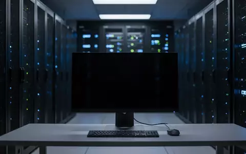 Ein dunkler Serverraum mit modernen Server-Racks und einem ausgeschalteten Computerbildschirm auf einem Schreibtisch. - Foto: über boerse-global.de