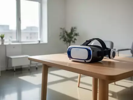 Ein Virtual-Reality-Headset auf einem Holztisch in einem hellen, ruhigen Therapieraum. - Foto: über boerse-global.de