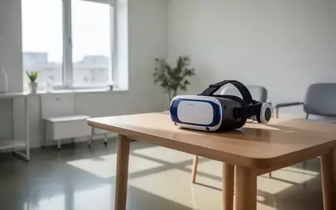 Ein Virtual-Reality-Headset auf einem Holztisch in einem hellen, ruhigen Therapieraum. - Foto: über boerse-global.de
