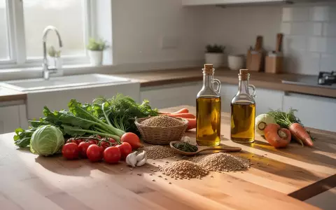 Frische, gesunde Lebensmittel auf einer hölzernen Arbeitsplatte in einer hellen, minimalistischen Küche bei Tageslicht. - Foto: über boerse-global.de