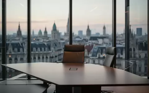 Moderner, leerer Konferenzraum in einem Bürogebäude mit Blick auf eine Stadt bei Dämmerung. - Foto: über boerse-global.de