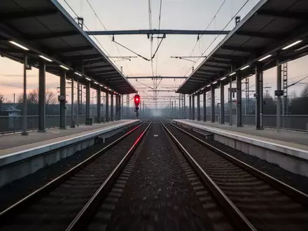 Leerer Bahnsteig bei Dämmerung mit Blick auf Gleisanlagen und Signaltechnik. - Foto: über boerse-global.de