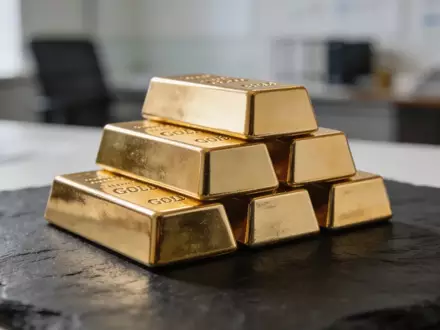Mehrere Goldbarren auf einer dunklen Schieferplatte bei natürlichem, weichem Licht. - Foto: über boerse-global.de