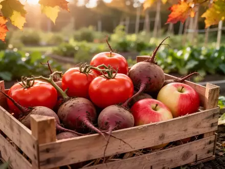 Eine hölzerne Erntebox gefüllt mit reifen Tomaten, Roter Bete und Äpfeln in einem herbstlichen Gemüsegarten. - Foto: über boerse-global.de