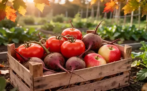 Eine hölzerne Erntebox gefüllt mit reifen Tomaten, Roter Bete und Äpfeln in einem herbstlichen Gemüsegarten. - Foto: über boerse-global.de