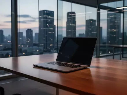 Ein minimalistischer Büroarbeitsplatz mit einem ausgeschalteten Laptop vor einer Fensterfront bei Dämmerung. - Foto: über boerse-global.de