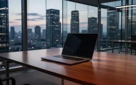 Ein minimalistischer Büroarbeitsplatz mit einem ausgeschalteten Laptop vor einer Fensterfront bei Dämmerung. - Foto: über boerse-global.de