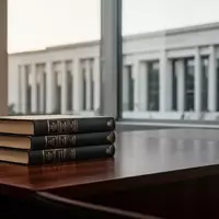 Stapel juristischer Fachbücher auf einem Schreibtisch vor einem unscharfen Hintergrund moderner Gerichtsarchitektur. - Foto: über boerse-global.de