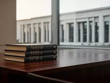 Stapel juristischer Fachbücher auf einem Schreibtisch vor einem unscharfen Hintergrund moderner Gerichtsarchitektur. - Foto: über boerse-global.de