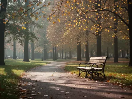 Ein einsamer Parkweg im Übergang vom Sommer zum Herbst mit goldenem Licht und herbstlich gefärbtem Laub. - Foto: über boerse-global.de