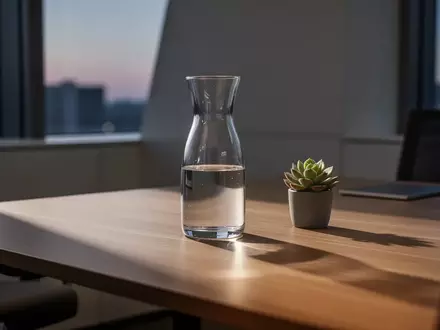 Ein minimalistischer Schreibtisch mit einer Glaskaraffe und einer Pflanze in einem ruhigen Büro bei Dämmerlicht. - Foto: über boerse-global.de