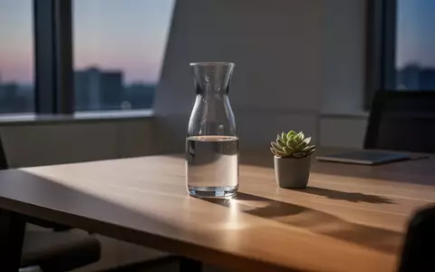 Ein minimalistischer Schreibtisch mit einer Glaskaraffe und einer Pflanze in einem ruhigen Büro bei Dämmerlicht. - Foto: über boerse-global.de
