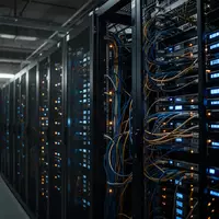 Dunkler Serverraum mit blinkenden Kontrollleuchten in einem Behördengebäude, Fokus auf Netzwerkkabel und Servergehäuse. - Foto: über boerse-global.de