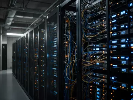 Dunkler Serverraum mit blinkenden Kontrollleuchten in einem Behördengebäude, Fokus auf Netzwerkkabel und Servergehäuse. - Foto: über boerse-global.de