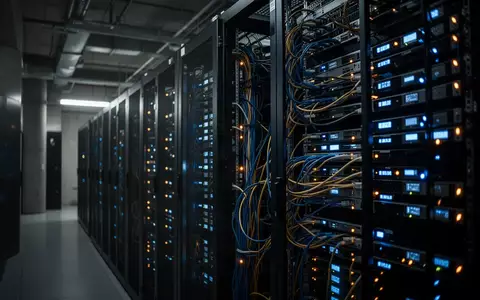 Dunkler Serverraum mit blinkenden Kontrollleuchten in einem Behördengebäude, Fokus auf Netzwerkkabel und Servergehäuse. - Foto: über boerse-global.de