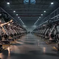 Leere Industriehalle in einem Automobilwerk mit inaktiven Fertigungsrobotern bei Dämmerlicht. - Foto: über boerse-global.de