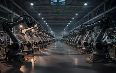 Leere Industriehalle in einem Automobilwerk mit inaktiven Fertigungsrobotern bei Dämmerlicht. - Foto: über boerse-global.de