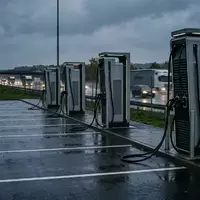 Moderne Ladesäulen für Elektro-Lkw an einer leeren Autobahnraststätte bei Dämmerung. - Foto: über boerse-global.de