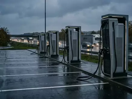 Moderne Ladesäulen für Elektro-Lkw an einer leeren Autobahnraststätte bei Dämmerung. - Foto: über boerse-global.de