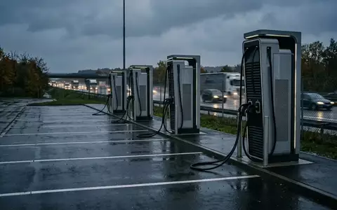 Moderne Ladesäulen für Elektro-Lkw an einer leeren Autobahnraststätte bei Dämmerung. - Foto: über boerse-global.de