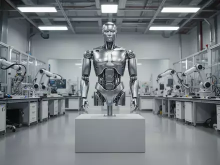 Ein futuristischer humanoider Roboter-Torso in einem modernen, hellen Industrielabor für Robotikentwicklung. - Foto: über boerse-global.de