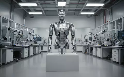 Ein futuristischer humanoider Roboter-Torso in einem modernen, hellen Industrielabor für Robotikentwicklung. - Foto: über boerse-global.de
