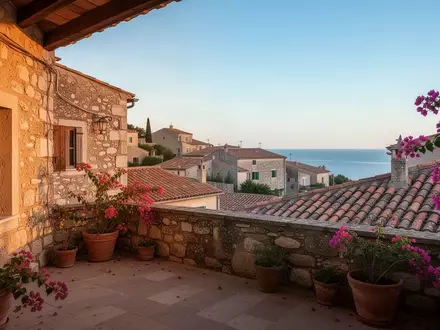 Eine sonnige Terrasse mit Blick auf ein südeuropäisches Küstendorf unter blauem Himmel. - Foto: über boerse-global.de