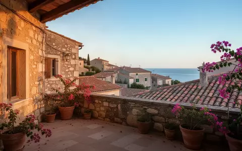 Eine sonnige Terrasse mit Blick auf ein südeuropäisches Küstendorf unter blauem Himmel. - Foto: über boerse-global.de