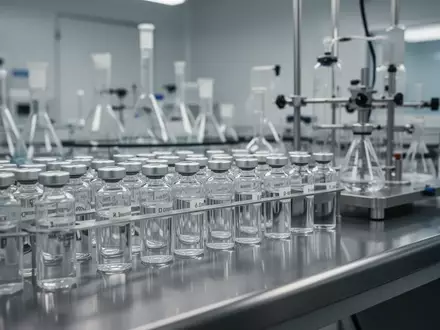Reagenzgläser und pharmazeutische Laborausrüstung auf einem Edelstahltisch in einem sterilen Umfeld. - Foto: über boerse-global.de