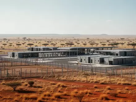 Ein weitläufiges Transitgelände mit modularen Gebäuden in einer sonnigen ostafrikanischen Savannenlandschaft. - Foto: über boerse-global.de
