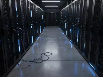 Dunkler Serverraum mit beleuchteten Server-Racks und einem herabhängenden Netzwerkkabel in einer industriellen Umgebung. - Foto: über boerse-global.de