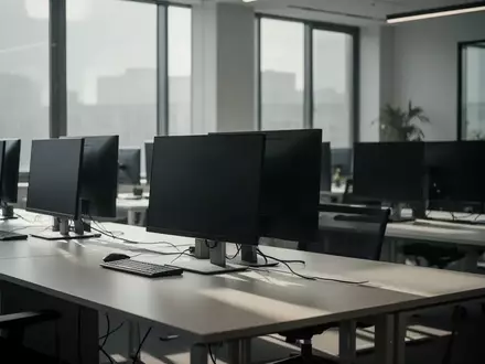 Leere Büroräume mit ausgeschalteten Computerbildschirmen in einer modernen Arbeitsumgebung. - Foto: über boerse-global.de