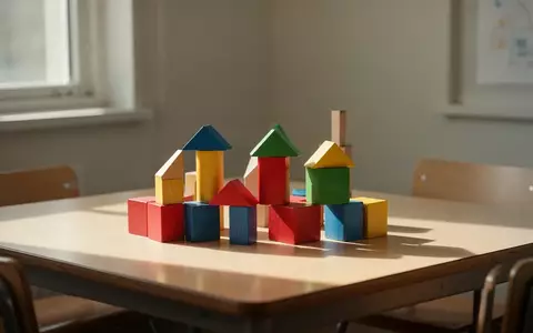 Bunte Holzbausteine in einem hellen, ruhigen Klassenzimmer, die eine abstrakte Form auf einem Holztisch bilden. - Foto: ĂĽber boerse-global.de