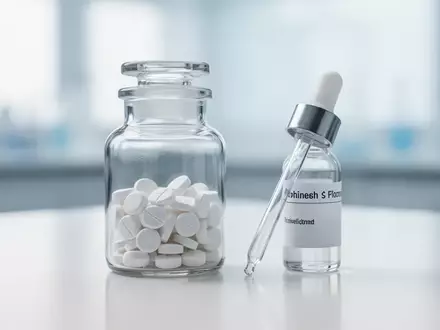 Ein Glasgefäß mit weißen medizinischen Tabletten und eine Pipettenflasche auf einem sterilen Labortisch. - Foto: über boerse-global.de