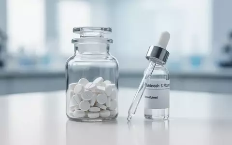Ein Glasgefäß mit weißen medizinischen Tabletten und eine Pipettenflasche auf einem sterilen Labortisch. - Foto: über boerse-global.de