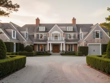 Luxuriöse Villa in den Hamptons bei Sonnenuntergang, umgeben von einer gepflegten Gartenanlage. - Foto: über boerse-global.de