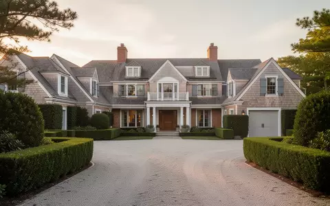 Luxuriöse Villa in den Hamptons bei Sonnenuntergang, umgeben von einer gepflegten Gartenanlage. - Foto: über boerse-global.de