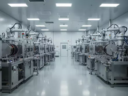 Moderne, leere Reinraumumgebung für die Halbleiterfertigung mit präzisen Fertigungsanlagen und technischer Infrastruktur. - Foto: über boerse-global.de